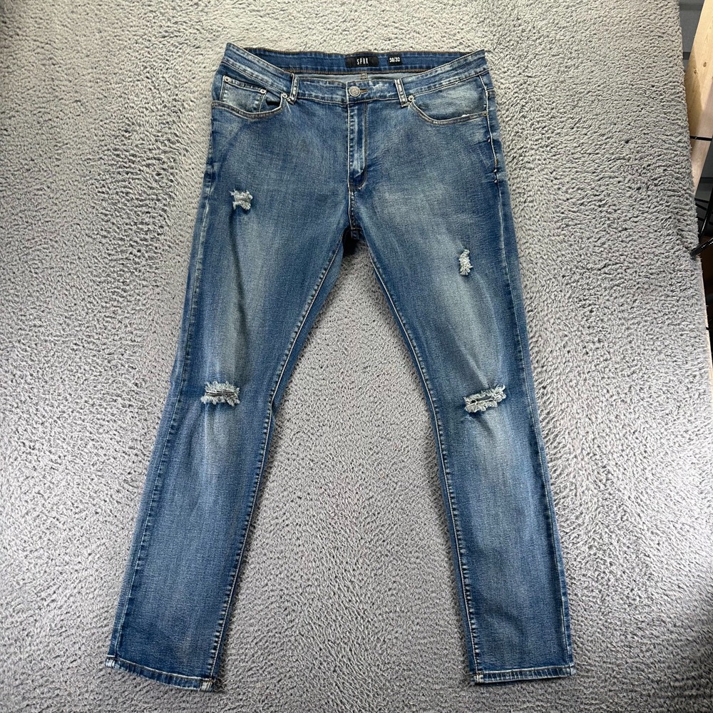 Spark Jeans Mens 38x32 Blue Cotton Denim Skinny Distressed Faded Travel Stretch